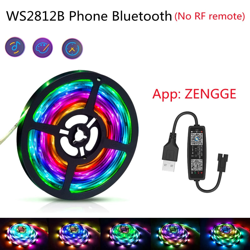 LED Strip Light RGBIC WS2812B SMD 5050 Bluetooth Remote Rainbow Chasing Effect Flexible Diode Tape 20M TV BackLight Room Decor